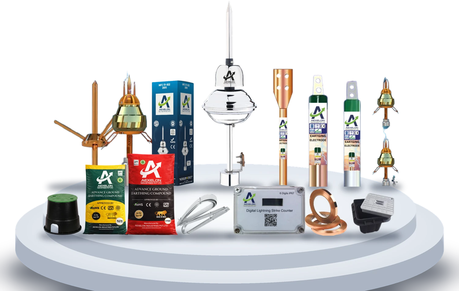 Aexelon products – ESE Lightning Arrester, Advance Ground Earthing Compound, Digital Lightning Strike Counter, Chemical Earthing Electrodes, Copper Bonded Rod, Spike Arresters, GI & Copper Strip, Pit Cover